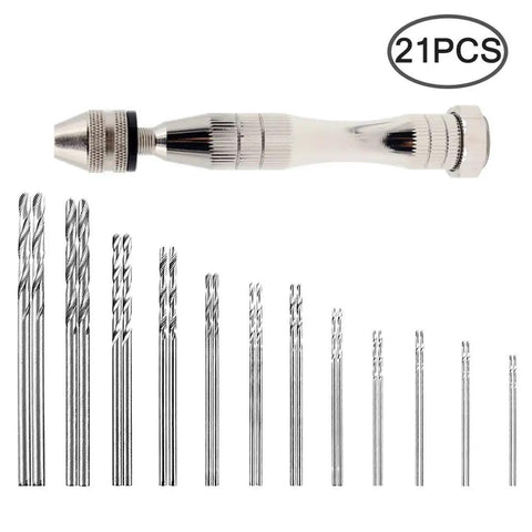 Rock Solid Aluminum Hand Pin Vise Kit Hella Tough 0.8mm To 3.0mm Micro Twist Drill Bits showing drill bits and vise.
