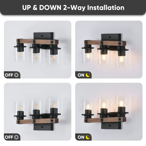 Four Light Wood Vanity Light Fixture Over Mirror With Dope Clear Glass Shades And Matte Black Metal shown in on and off positions