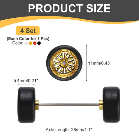 Four Piece 1 To 64 Scale Wheel And Tire Set With Real Riders Rims And Axles For RC Diecast Cars DIY Model Upgrades shown in gold rim