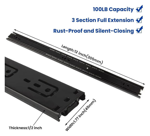 Premium Side Mounted Ball Bearing Drawer Slides 12 Inch Full Extension Steel Hardware with length and thickness details.
