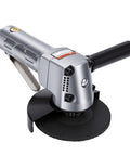 Heavy Duty Pneumatic Angle Grinder With Kickin Power And An Ergonomic Design For Swift Metal Cutting And Steady Performance On Demanding Job Sites Daily, 4-inch disc, silver and black.