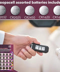 High Octane 3V Lithium Button Cell Battery Assortment With Cr2032 Cr2025 Cr2450 Cr1620 Cr1632, showing various battery sizes with a car key fob.