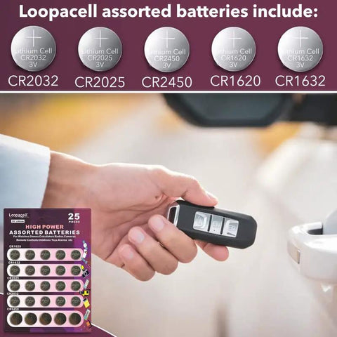High Octane 3V Lithium Button Cell Battery Assortment With Cr2032 Cr2025 Cr2450 Cr1620 Cr1632, showing various battery sizes with a car key fob.