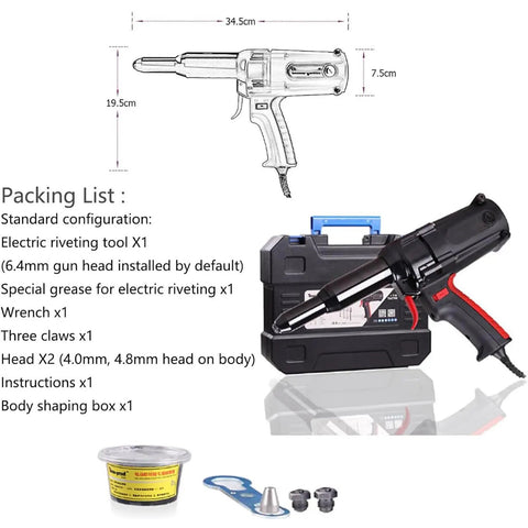 Electric Auto Rivet Gun Featuring Knockout Dual Finger Trigger Control and Badass Heat Dissipation Vents Supporting Four Rivet Sizes Ideal for RV Mods Downpipe Repairs and Construction Telecom Jobs Corded Design Smooth Thumb Power Switch, tool and accessories laid out.