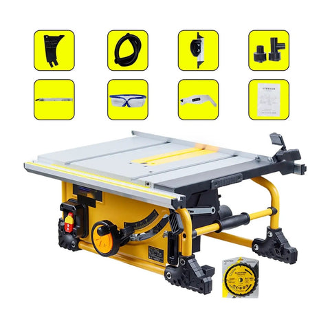 Shop Ready 8 Inch Sliding Table Saw Featuring A Heavy Duty 1500 Watt Motor And Razor Sharp 80 Tooth Circular Blade Dust Free Desktop Woodworking Rig For Clean Cuts Pro Pipe Rack Stand Quick Build Rock Solid Workshop Gear, showcasing side view with components included.