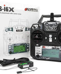 Six To Ten Channel 2.4GHz AFHDS RC Transmitter With Bidirectional Data Capable Receiver shown with box and accessories.