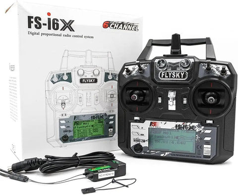 Six To Ten Channel 2.4GHz AFHDS RC Transmitter With Bidirectional Data Capable Receiver shown with box and accessories.