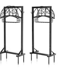 Two Beefy Garden Hose Holder With Storage Basket And Tool Hooks freestanding metal hose stands on white background.
