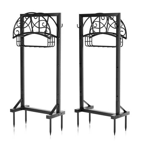 Two Beefy Garden Hose Holder With Storage Basket And Tool Hooks freestanding metal hose stands on white background.
