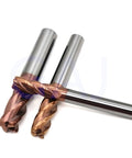 Heavy Duty 4 Flute Carbide End Mill Cutter With Tungsten Alloy Coating For Steel Metal Milling, three bits, shiny finish.