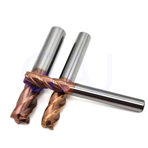 Heavy Duty 4 Flute Carbide End Mill Cutter With Tungsten Alloy Coating For Steel Metal Milling, three bits, shiny finish.
