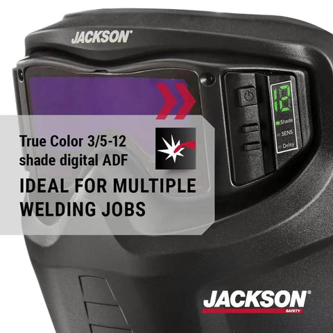 Close-up of Rebel Welding Mask With Digital Auto Darkening ADF Shield Hood showcasing control panel and display
