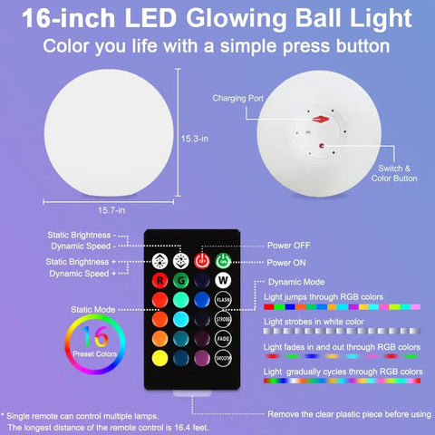 Cordless 16 Inch LED Glowing Ball Light With Remote RGB Color Changing Waterproof Glow Ball For Indoor Outdoor Mood Lamp