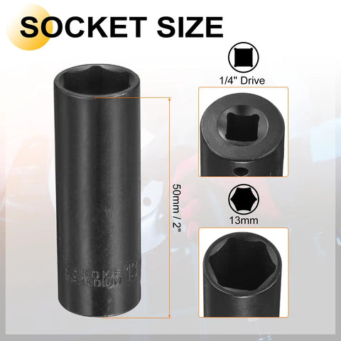 Heavy Duty 13mm Deep Impact Socket With 1/4 Inch Drive, 2 Inch Long Six-Point Grip Design Made From Premium CR-V Steel For Tough Jobs And Professional Mechanics Who Need Reliable Tools. 13mm socket