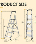 Five Step Aluminum Ladder With Tool Tray, Anti Slip Folding Stool For Adults, dimensions: height 65 inches, folded 2.8 inches