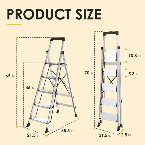 Five Step Aluminum Ladder With Tool Tray, Anti Slip Folding Stool For Adults, dimensions: height 65 inches, folded 2.8 inches