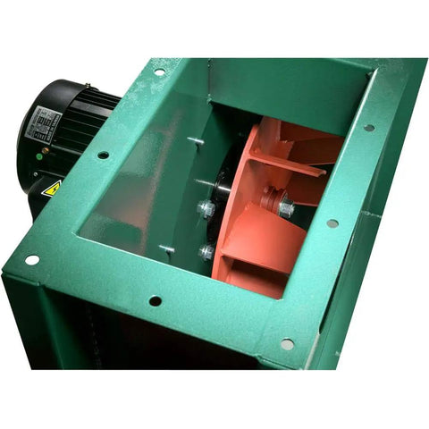 Rugged Seven Point Five Horsepower Three Phase Cyclone Dust Collector Delivers Knockout Suction and Sweet Airflow Through Ten Inch Intake, motor and impeller view.