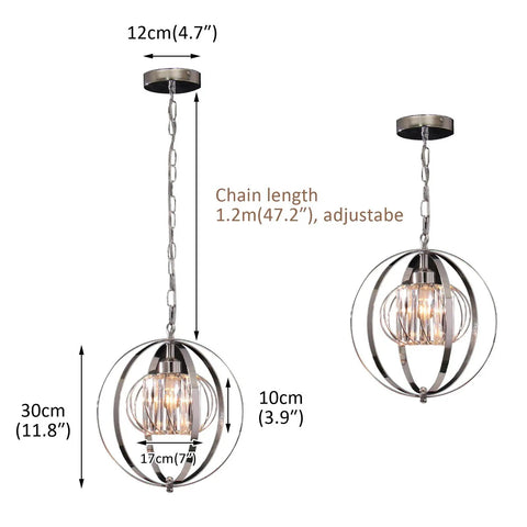 Globe Industrial Pendant Light Fixture With Crystal Accents And Vintage Farmhouse Style Height Adjustable Ceiling Lamp