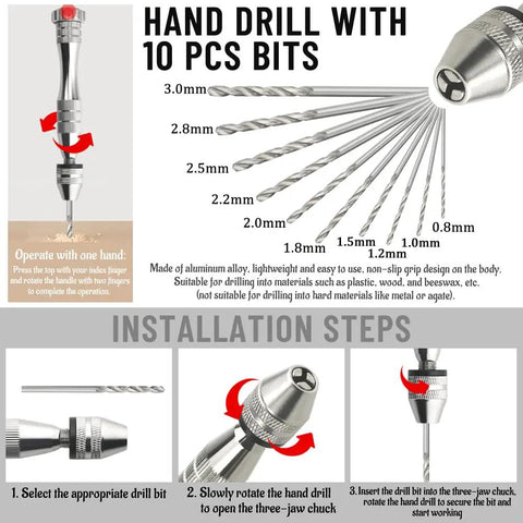 Hand drill with 10 pcs bits from 80 Piece Model Tools Kit For Gundam Cars Airplanes And Buildings Complete Hobby Building Tools Set