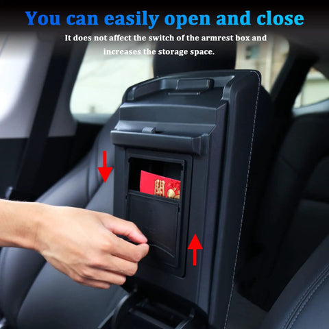4 Piece Center Console Organizer And Cup Holder Insert for Tesla Model 3/Y showing hidden cubby drawer in use.