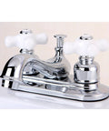 Restoration 4 Inch Centerset Lavatory Faucet With Porcelain Cross Handle In Polished Chrome Drip Free Washerless Cartridge Includes Pop Up Drain Easy To Install And Make Your Bathroom Look Slick