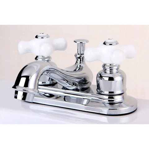 Restoration 4 Inch Centerset Lavatory Faucet With Porcelain Cross Handle In Polished Chrome Drip Free Washerless Cartridge Includes Pop Up Drain Easy To Install And Make Your Bathroom Look Slick