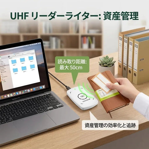 UHF RFID Reader And Writer With Up To 50 Cm Read Range And Keyboard Emulation For Plug And Play Data Entry On Windows Or Linux ISO 18000 6C EPC Gen 2 Compliant in use, connected to a laptop.
