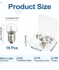 18 Pack E10 Miniature Screw Base Light Bulbs Delivering Hella Bright Warm Yellow Glow 4.8 Volt 2.4 Watt glass design with dimensions