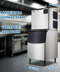 Pro Grade Commercial Ice Maker Crankin Out 1000 Pounds Of Full Dice Cubes Daily, Paired With A 375 Lb Storage Bin, Stainless Steel Build, Ultra Quiet Air Cooled Unit Runnin Smooth For Busy Bars And Restaurants in stainless steel with size specifications.