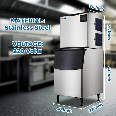 Pro Grade Commercial Ice Maker Crankin Out 1000 Pounds Of Full Dice Cubes Daily, Paired With A 375 Lb Storage Bin, Stainless Steel Build, Ultra Quiet Air Cooled Unit Runnin Smooth For Busy Bars And Restaurants in stainless steel with size specifications.