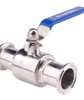 Front-angle view of 1.5-inch stainless steel ball valve with blue lever handle and tri-clamp ends