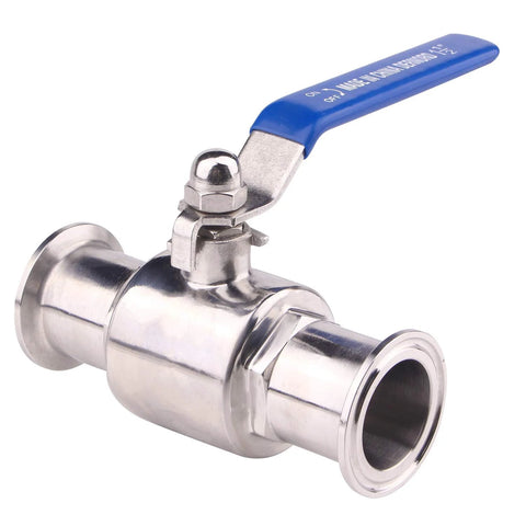 Front-angle view of 1.5-inch stainless steel ball valve with blue lever handle and tri-clamp ends