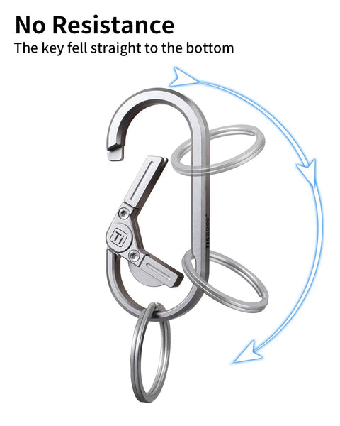 Rugged Titanium Carabiner Keychain Clip With Quick Release Minimalist EDC Key Hook And Bottle Opener shown with keyring and arrows