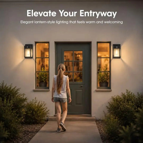 Outdoor Solar Porch Lights 2 Pack Featuring Motion Sensor And 3 Lighting Modes Zero Wiring Hassle Built Tough Weatherproof Wall Lanterns Sconces For Front Door Garage Fence Patio 7 5 Inch illuminating entryway.