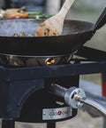 Propane Single Burner Camp Stove With High Temp Paint, Red Steel Braided Regulator, Heat Dial, and Height Adjustable Legs