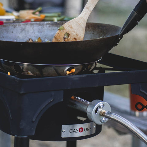 Propane Single Burner Camp Stove With High Temp Paint, Red Steel Braided Regulator, Heat Dial, and Height Adjustable Legs
