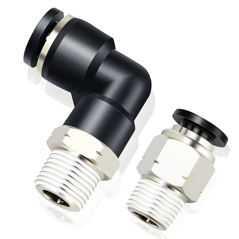 Elbow and straight push to connect pneumatic fittings, 5/32 inch tube OD x 1/4 inch NPT thread, copper and plastic construction, pack of 4