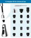 Universal Kitchen Faucet Head Replacement With Fifteen Adapter Kit, pull down sprayer, chrome finish, adapter set shown