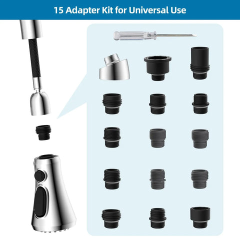 Universal Kitchen Faucet Head Replacement With Fifteen Adapter Kit, pull down sprayer, chrome finish, adapter set shown