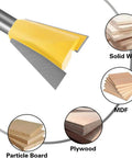 Shop Tested Six Piece Dovetail Router Bit Set Featuring One Quarter Inch Shank and cutting widths spanning a quarter to seven eights inches crafted from tough tungsten carbide for knocking out tight half blind woodworking joints dead on and fast, close-up of router bit detail.
