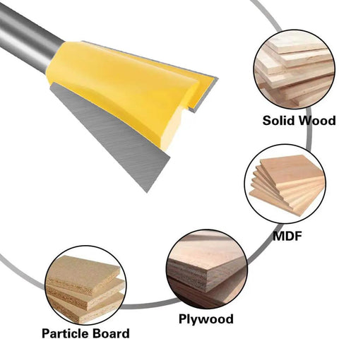 Shop Tested Six Piece Dovetail Router Bit Set Featuring One Quarter Inch Shank and cutting widths spanning a quarter to seven eights inches crafted from tough tungsten carbide for knocking out tight half blind woodworking joints dead on and fast, close-up of router bit detail.