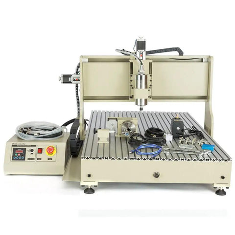 USB 4 Axis CNC Router Kit 6090 With Mach Control Plus 2.2KW Water Cooled Spindle VFD Beefy Power For Wood Plastic PCB Engraving And Milling Machine Handwheel Included, showing robust aluminum frame and control panel.