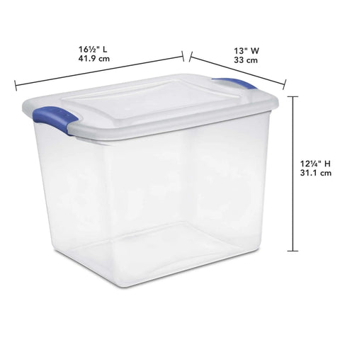 Twenty Seven Quart Clear Plastic Storage Container With Durable Blue Latches And Secure Recessed Lid Stackable Tote Bin dimensions 16½" L x 13" W x 12¼" H