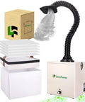 105W Solder Fume Extractor With Big 2 In 1 HEPA Carbon Filter for soldering, showing box, filter, and flexible suction arm.