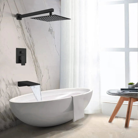 Dual Function Shower Faucet Set For Bath And Shower, Waterfall Tub Spout, 10-Inch High-Pressure Showerhead, Matte Black Finish