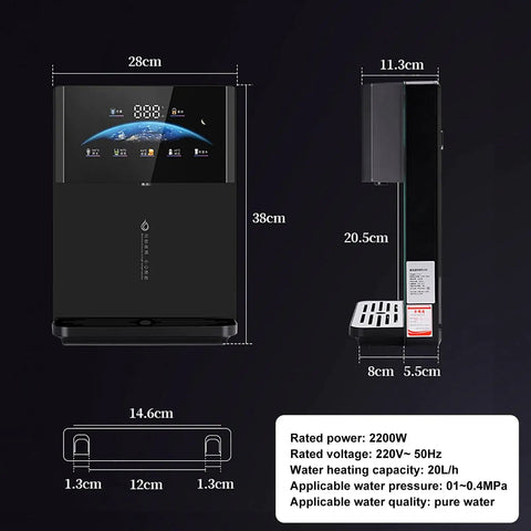 Wall Mounted Office Water Cooler With Instant Hot Water Dispenser On Demand, dimensions and specifications diagram.
