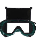 Heavy Duty Welding Goggles With Dual Flip Up Lens, solid green frame, open view, ideal for metal work protection.