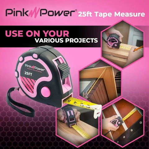 Pretty Pink 25 Foot Tape Measure For Women's Tool Kit displayed with retractable blade, lock button, measuring wood and walls.