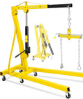Heavy Duty Folding Engine Crane And Hydraulic Cherry Picker With Manual Lever Handles Up To 4400 Lbs shown in yellow, featuring telescoping boom and padded hook.