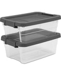 Six Pack 16 Quart Stackable Storage Bins With Snap Tight Lids And Non Slip Base Mats Dark Gray Clear Plastic Heavy Duty Organizers.
